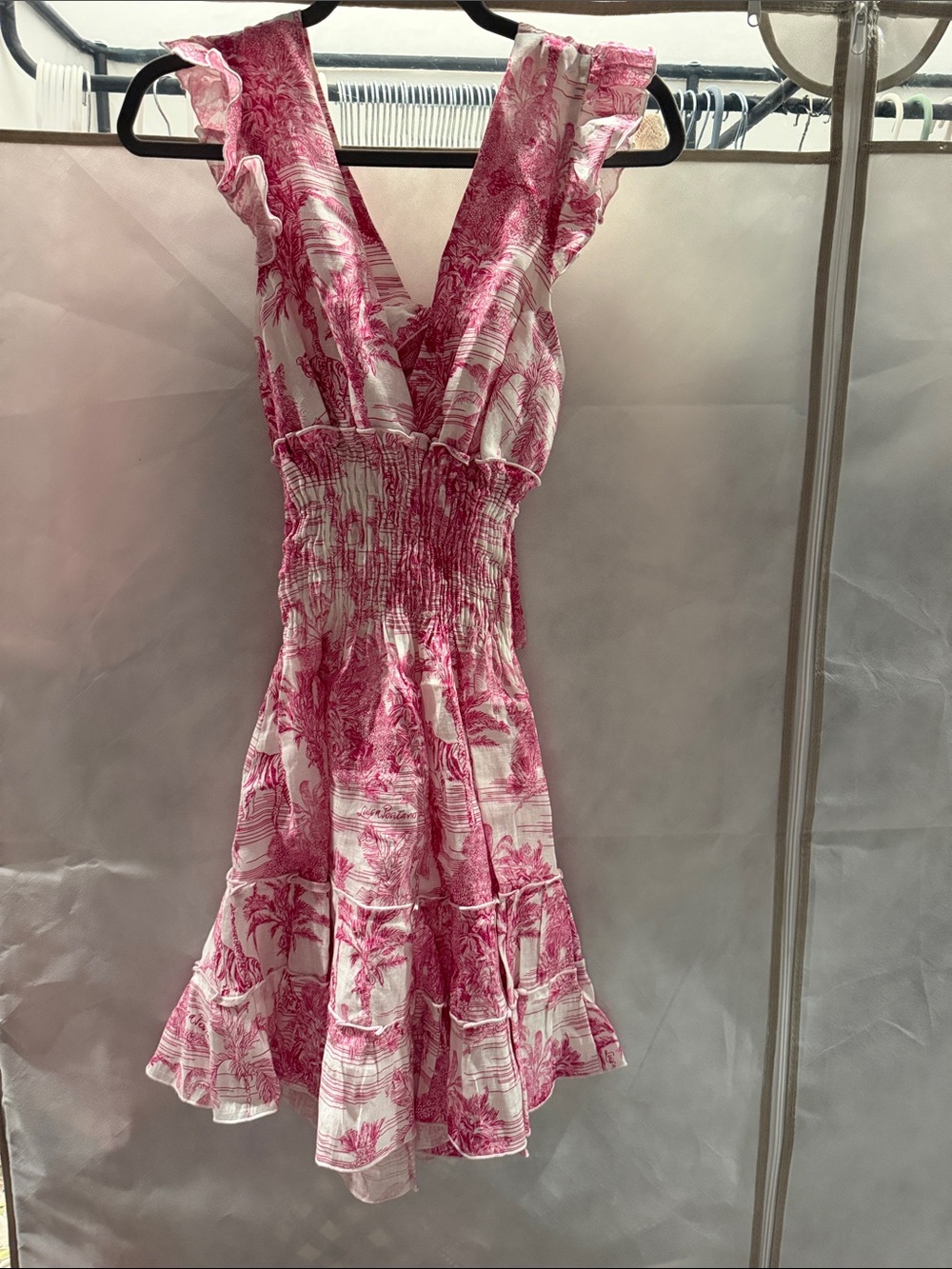 Smocked Pink Toile Ruffle V-Neck Mini Dress